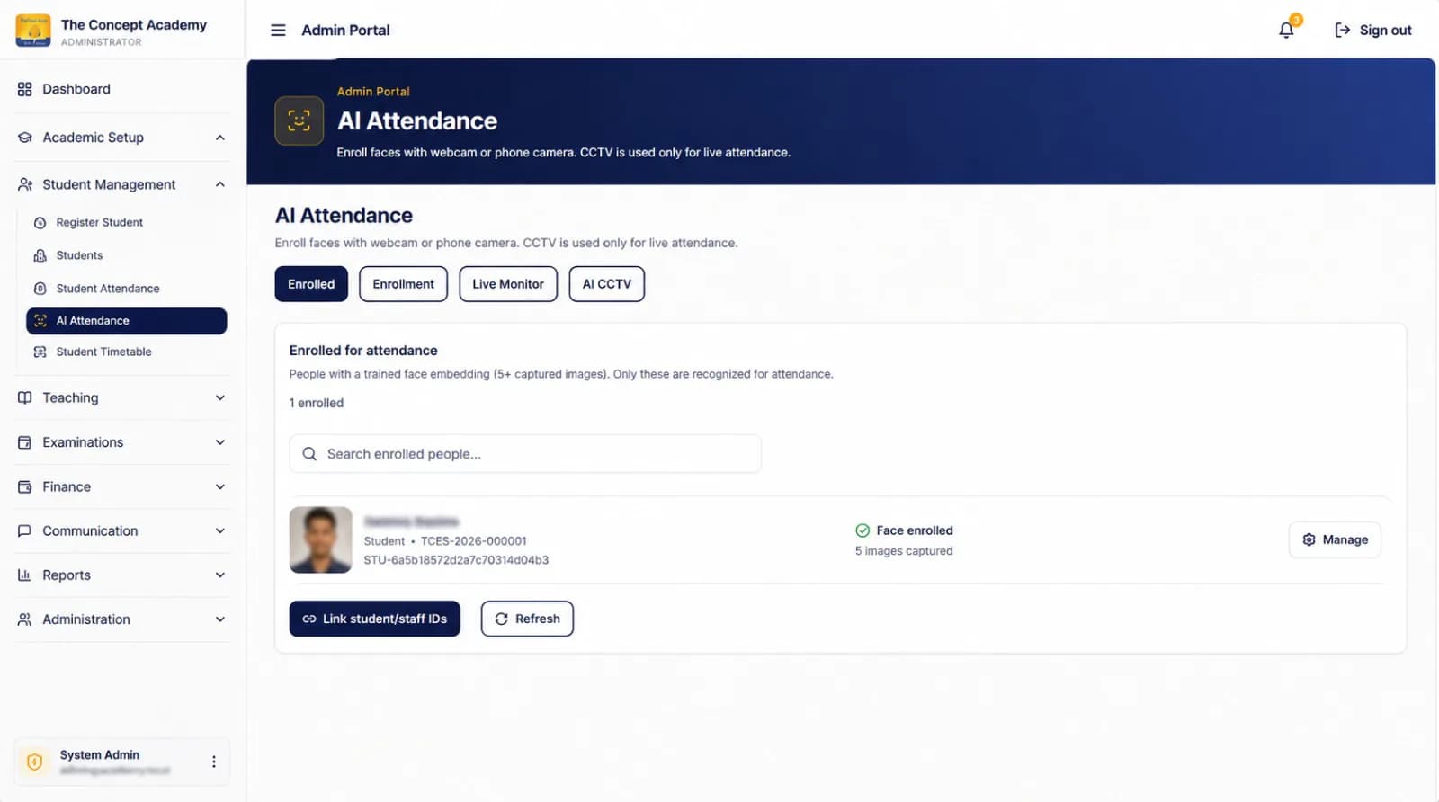 AI School ERP attendance enrollment