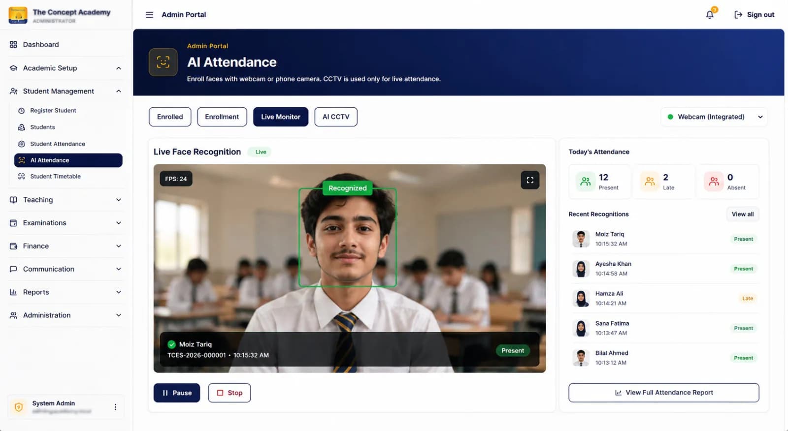 AI School ERP live attendance monitor