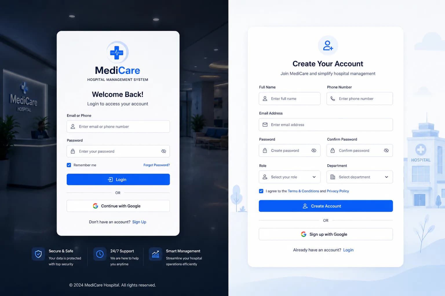 Hospital management system login and sign-up