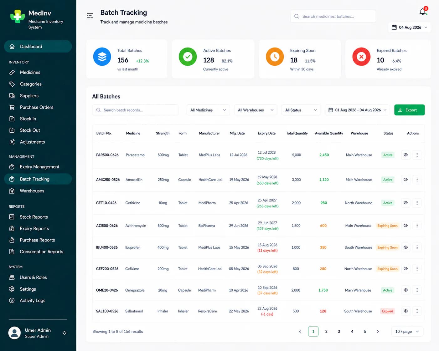 Medicine inventory system batch tracking