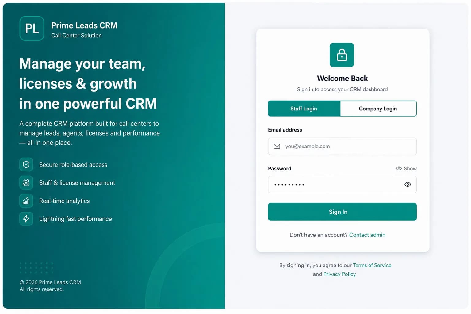 Prime Lead CRM login screen