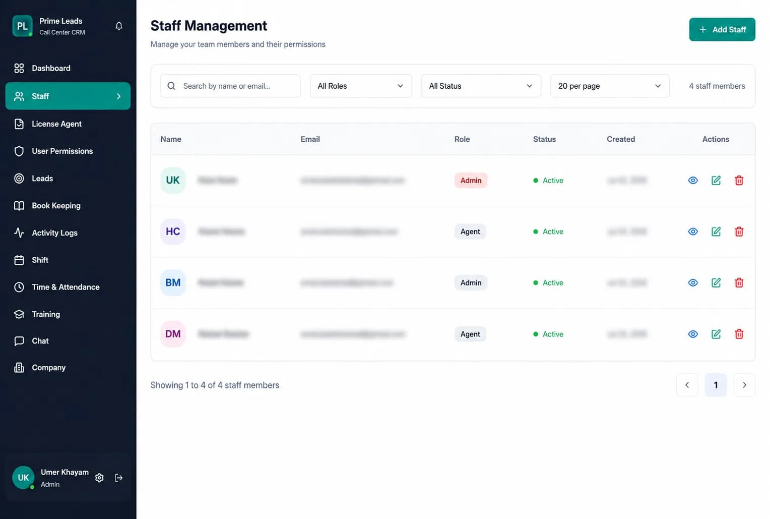 Prime Lead CRM staff management
