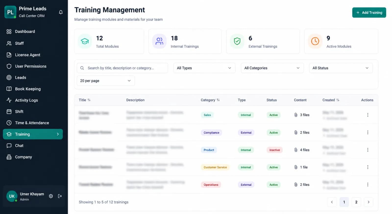 Prime Lead CRM training panel