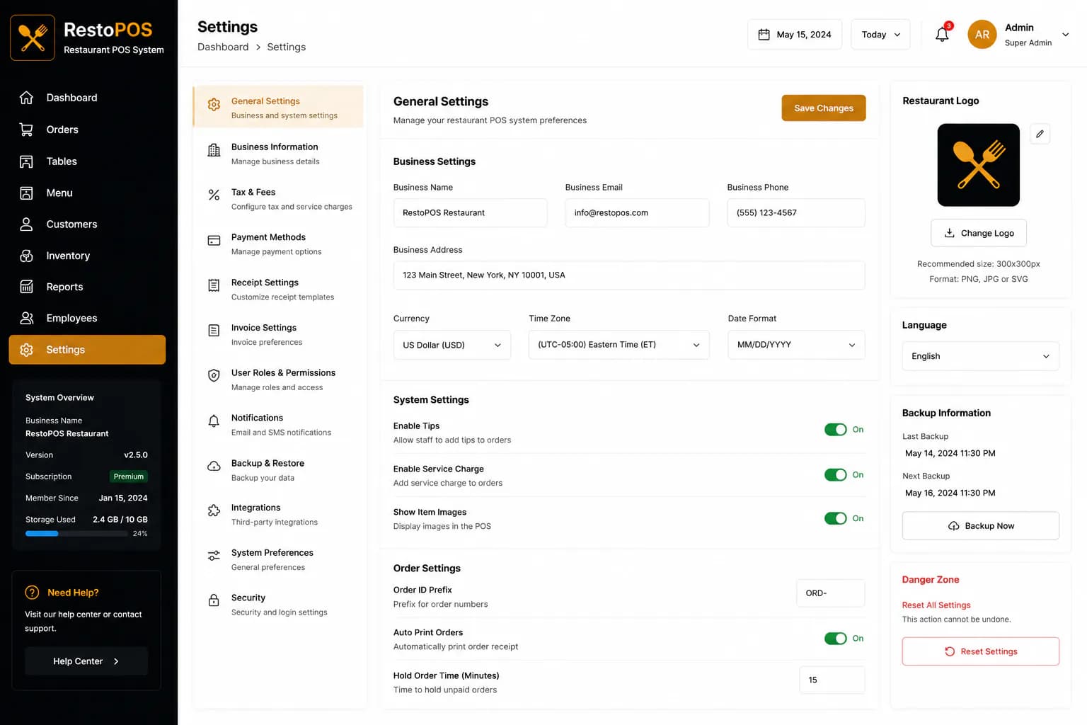 Restaurant POS system settings