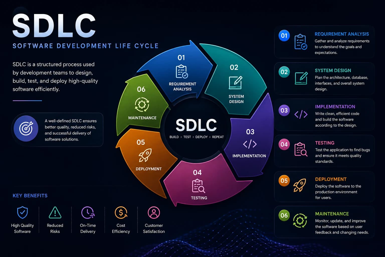 Software development life cycle showing requirements analysis, system design, implementation, testing, deployment, and maintenance