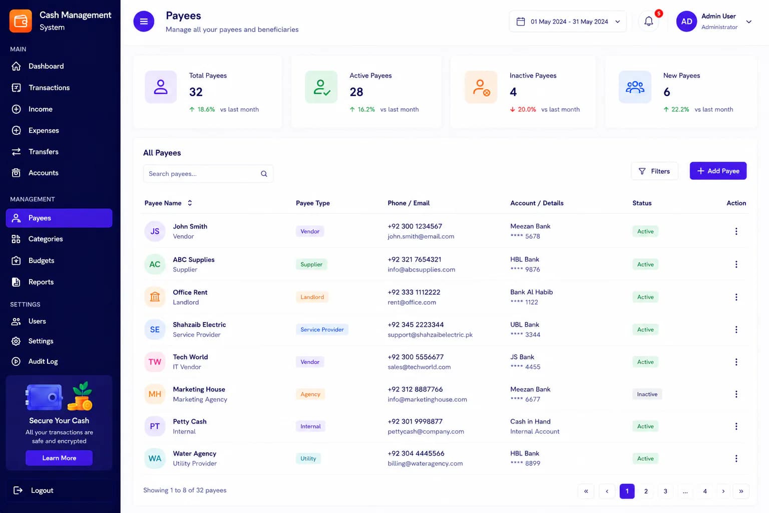 Cash management system payees