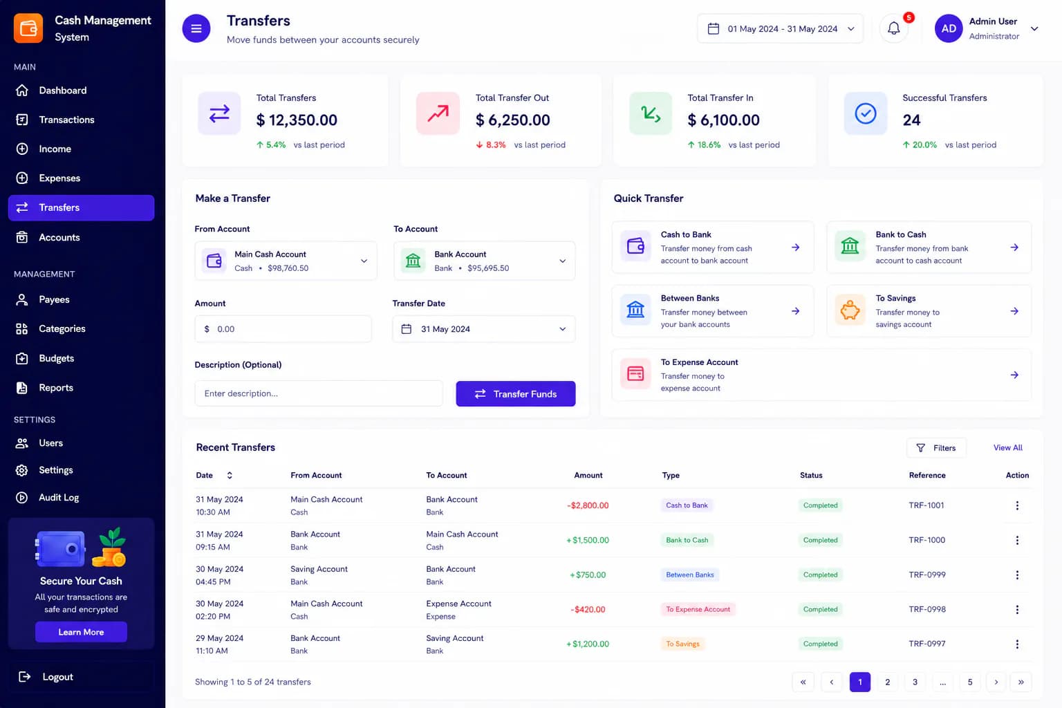 Cash management system transfers