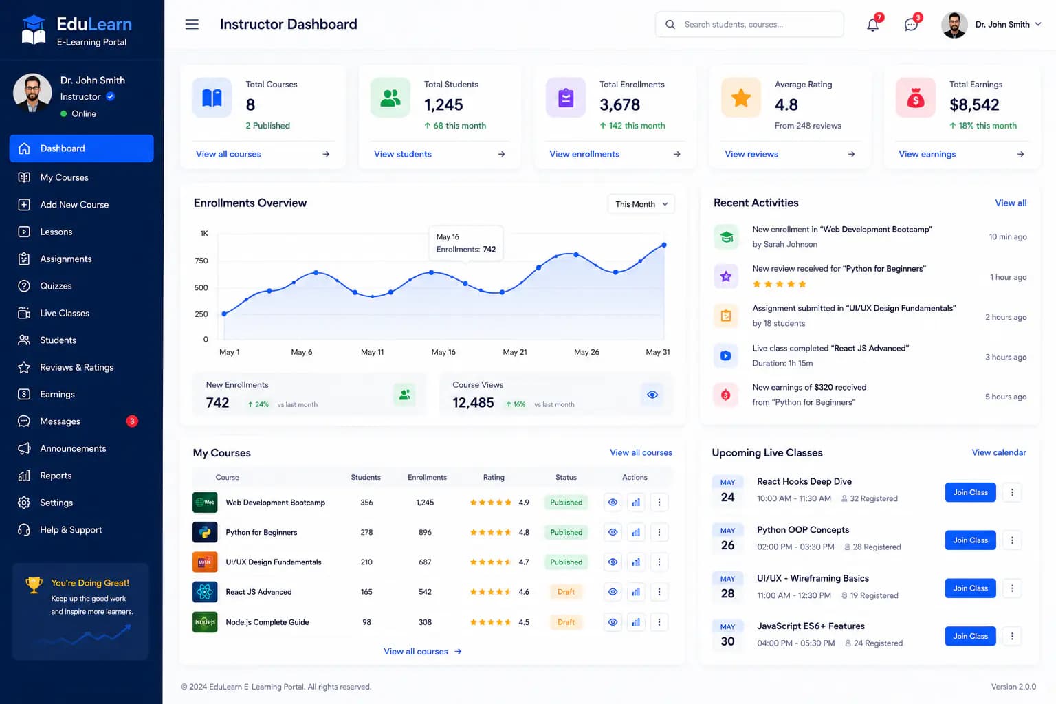 E-Learning Portal instructor dashboard