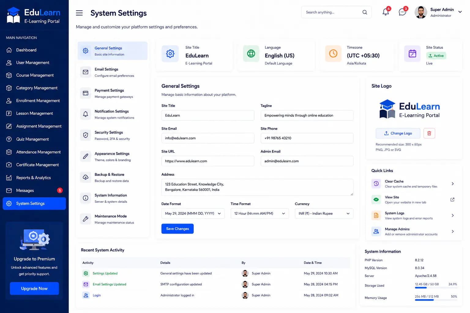 E-Learning Portal system settings