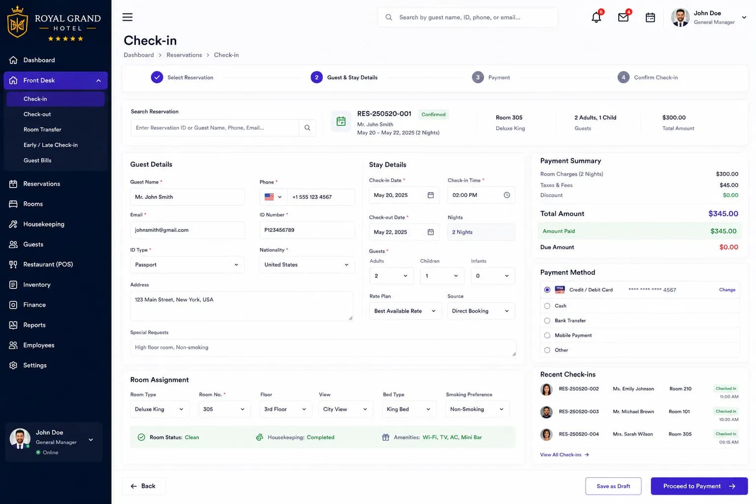 Hotel management system check-in