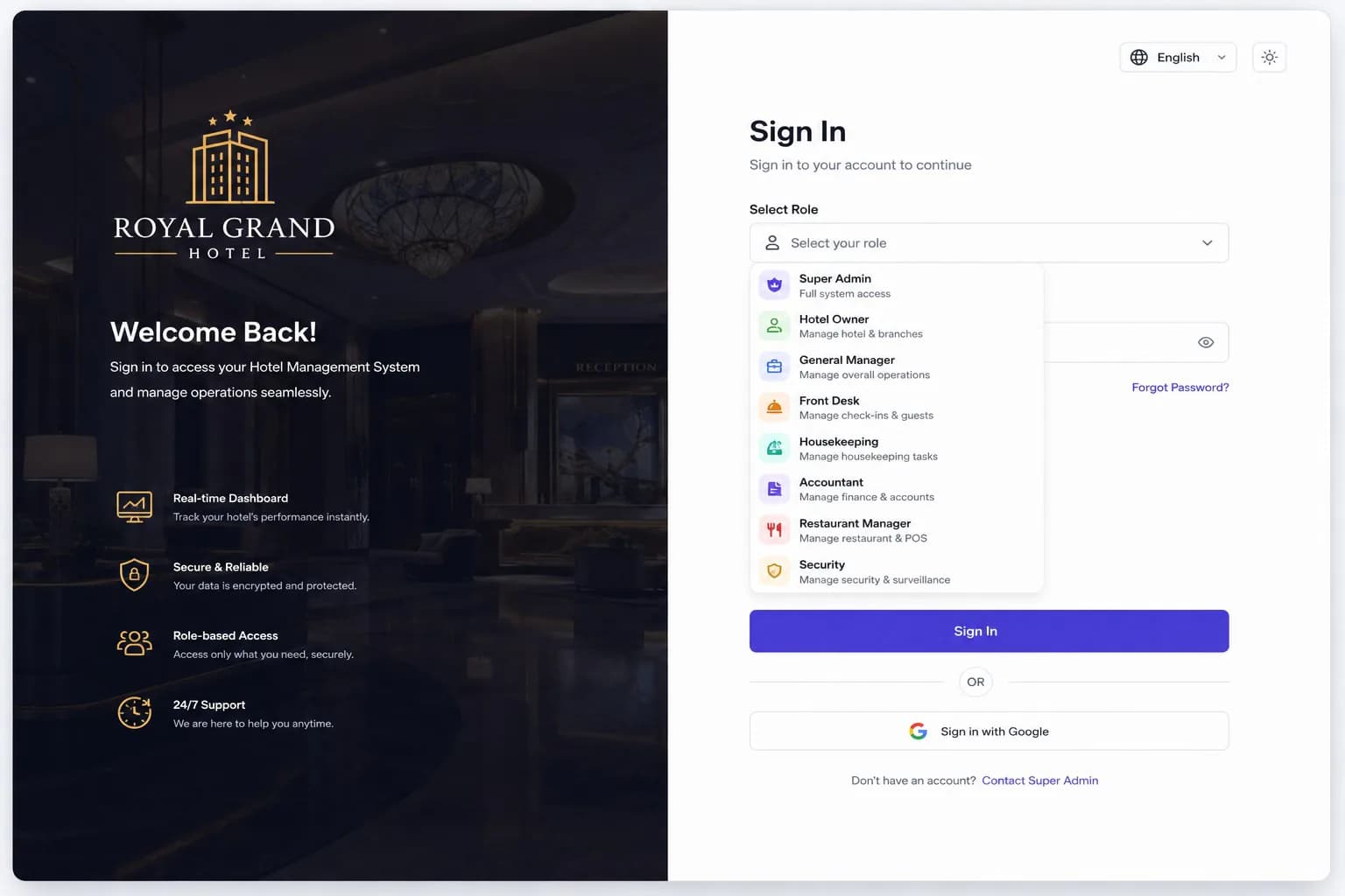 Hotel management system sign-in