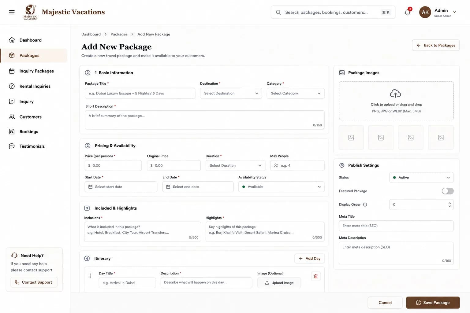 Travel and tour website add package form