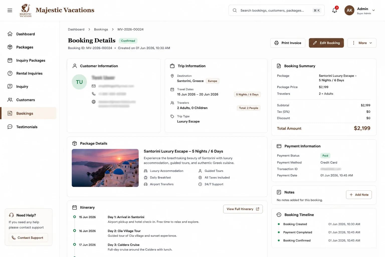 Travel and tour website admin booking details