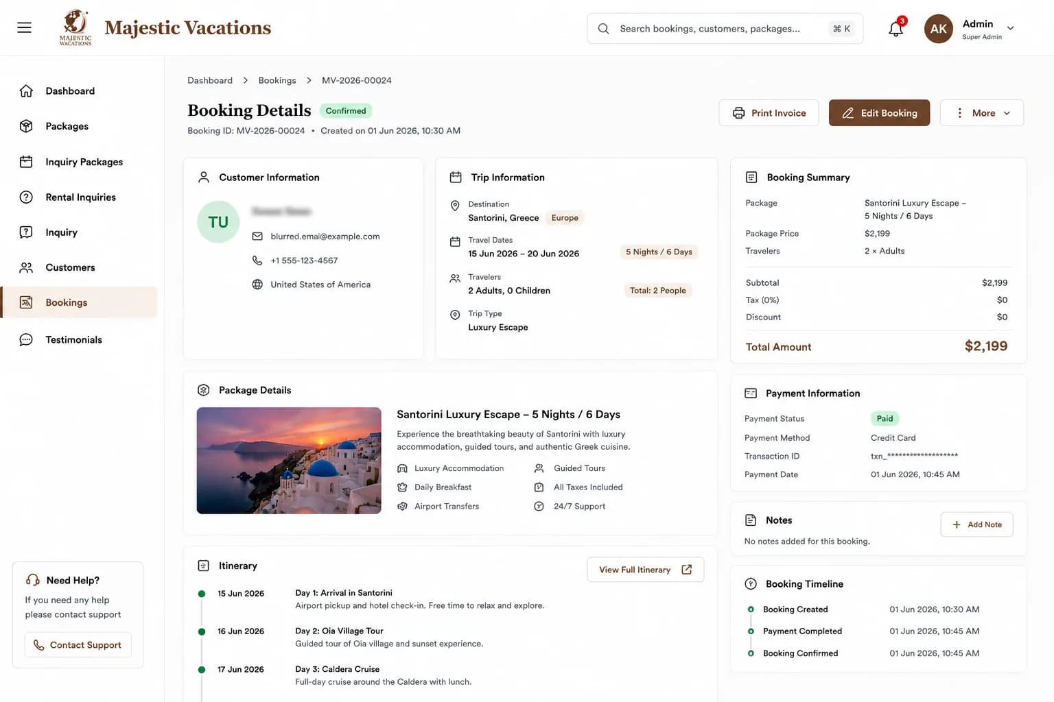 Travel and tour website booking details