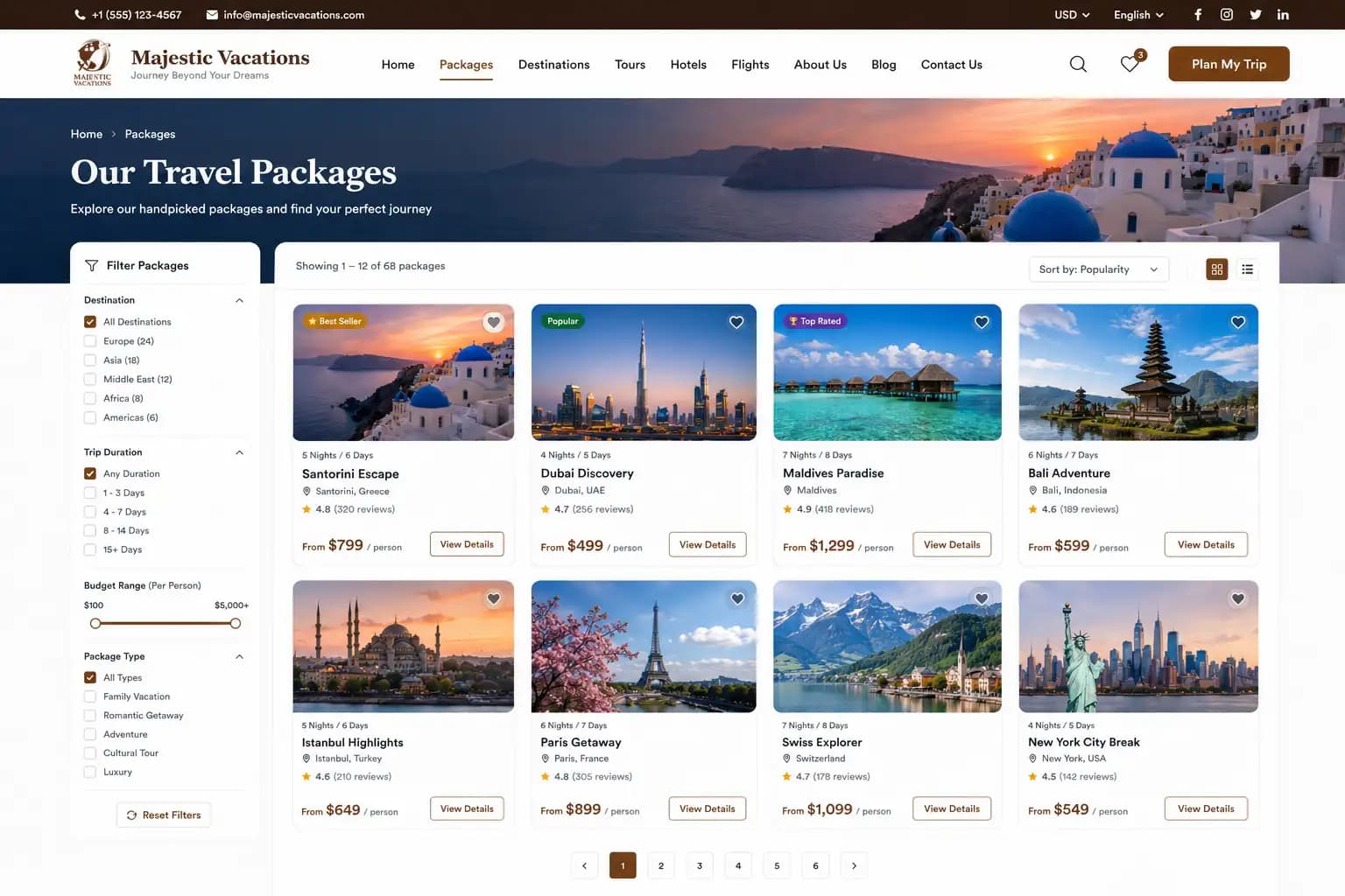 Travel and tour website packages listing