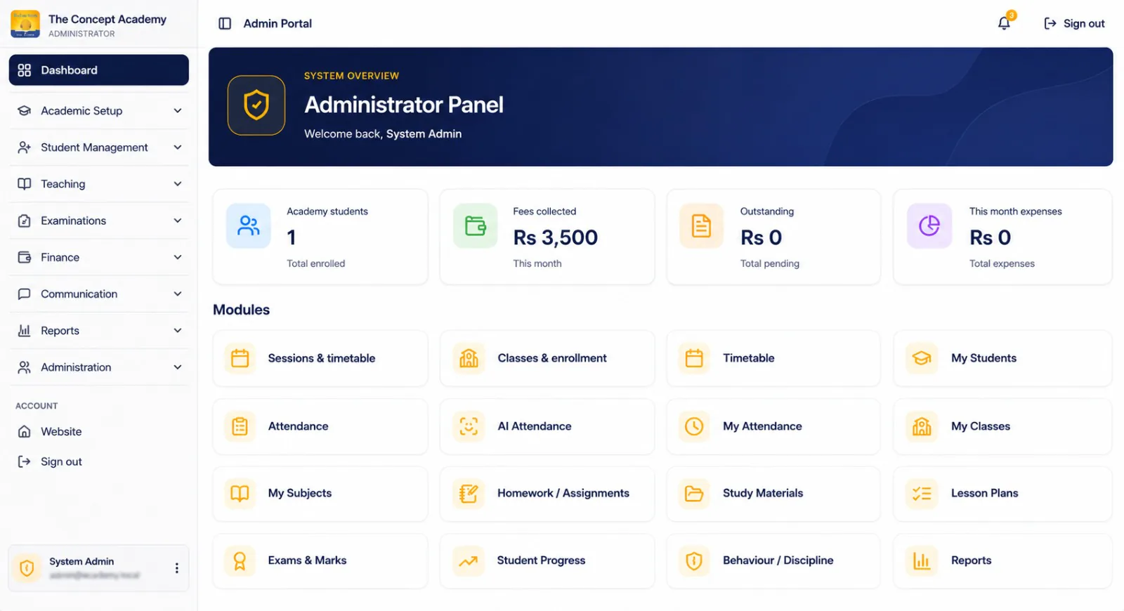 AI School ERP administrator dashboard