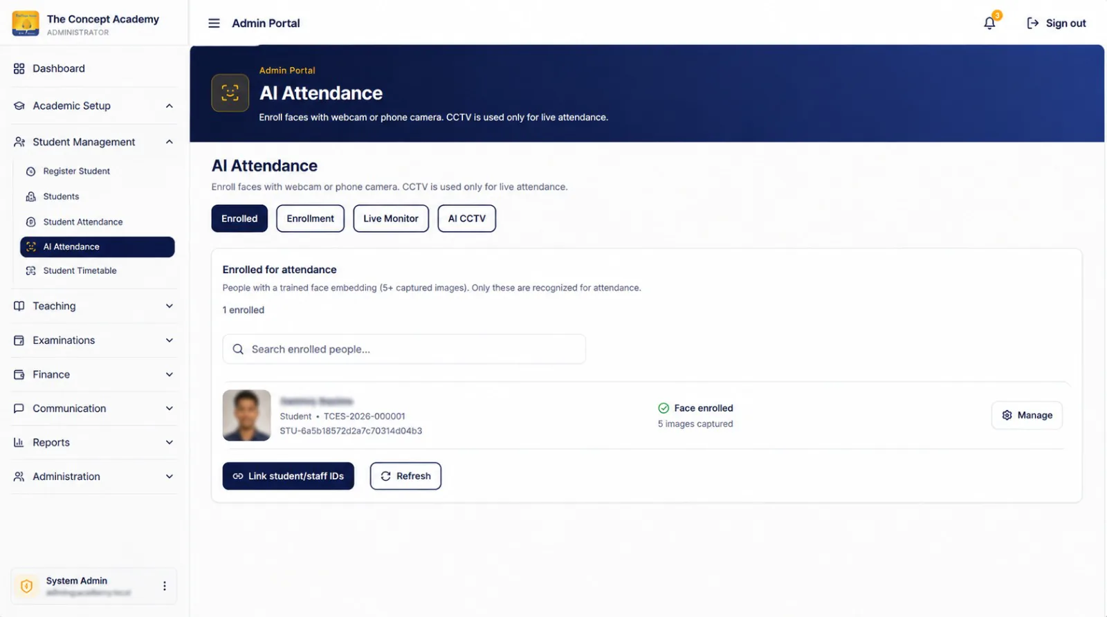 AI School ERP attendance enrollment