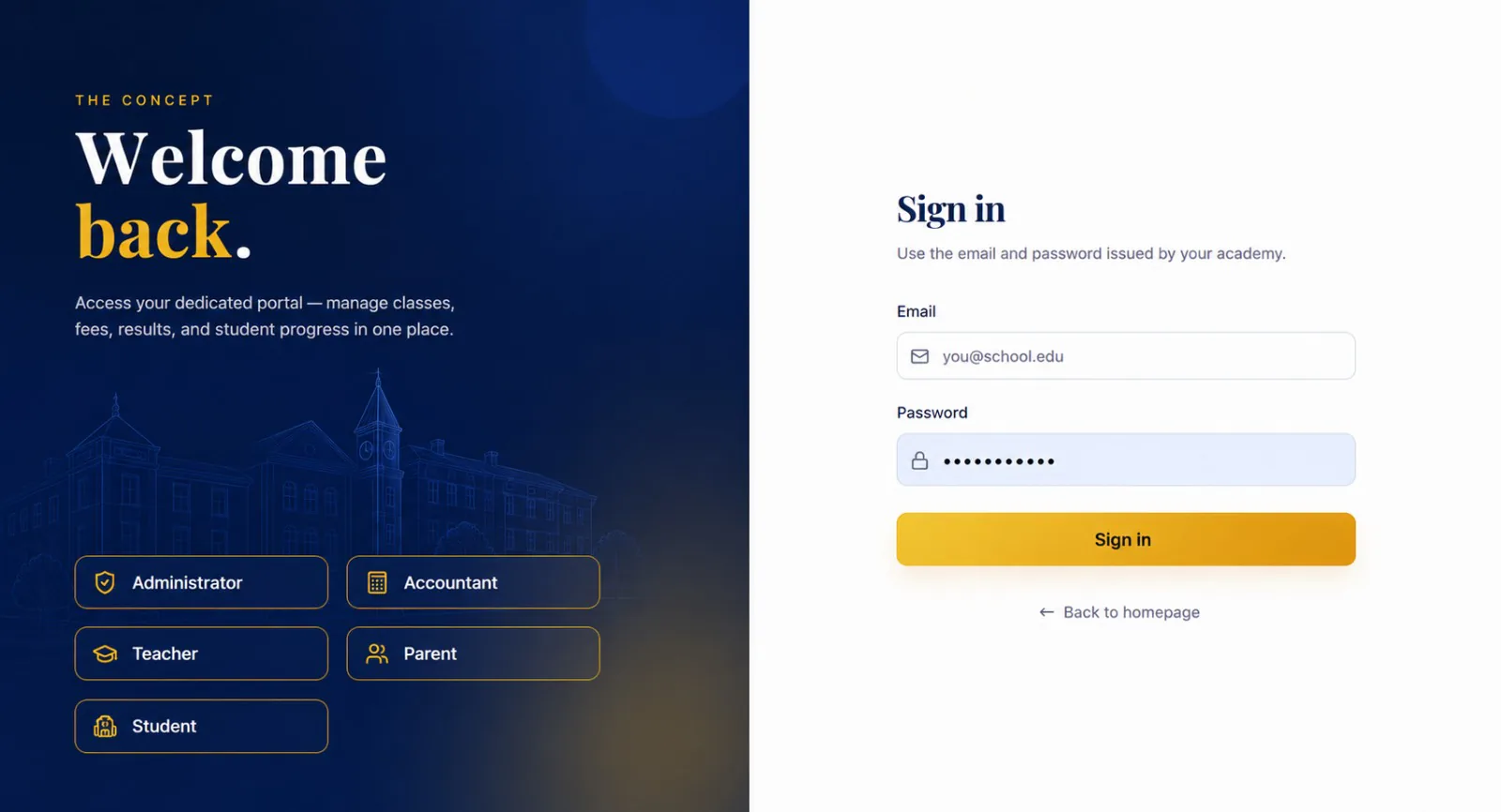 AI School ERP login screen