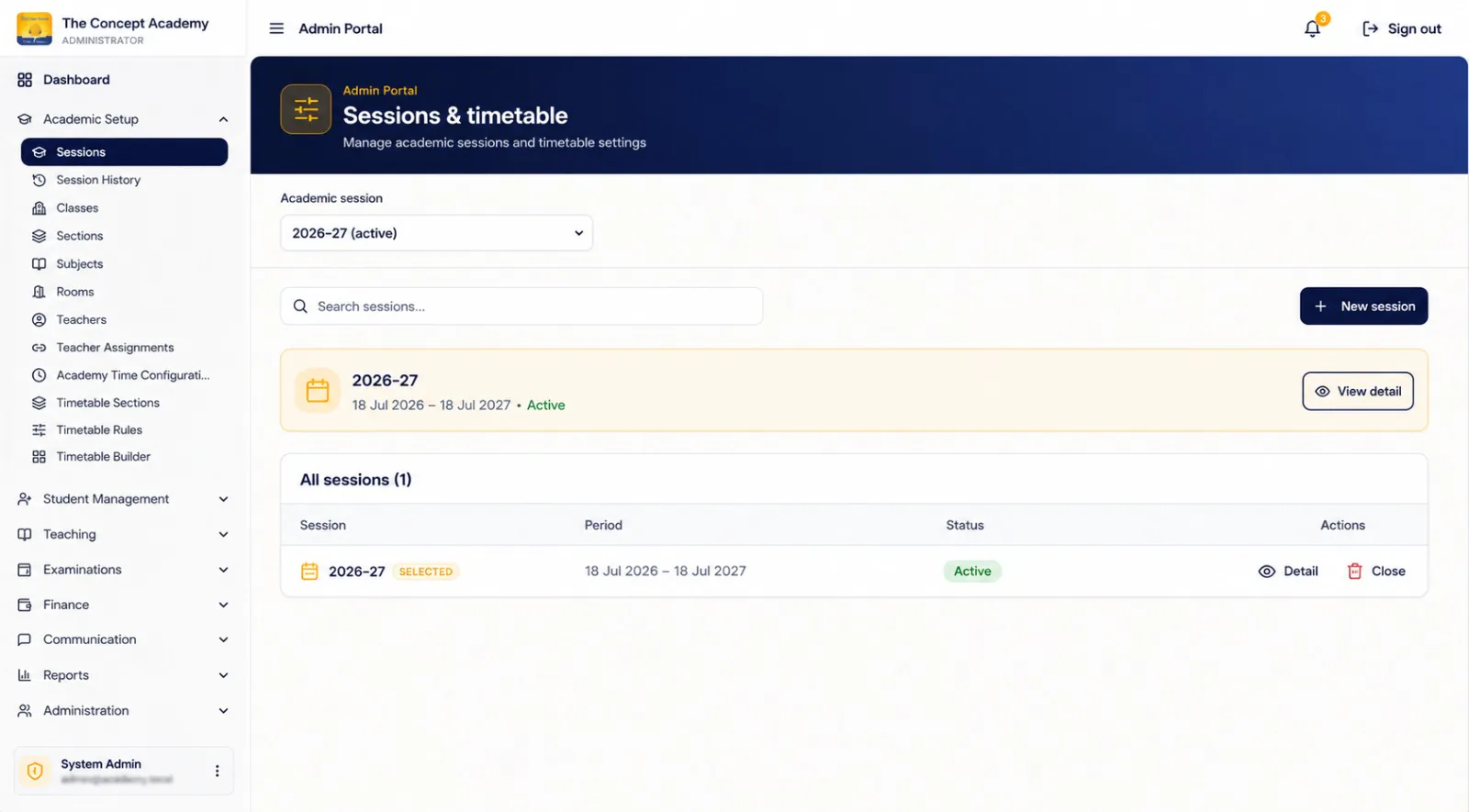 AI School ERP sessions and timetable