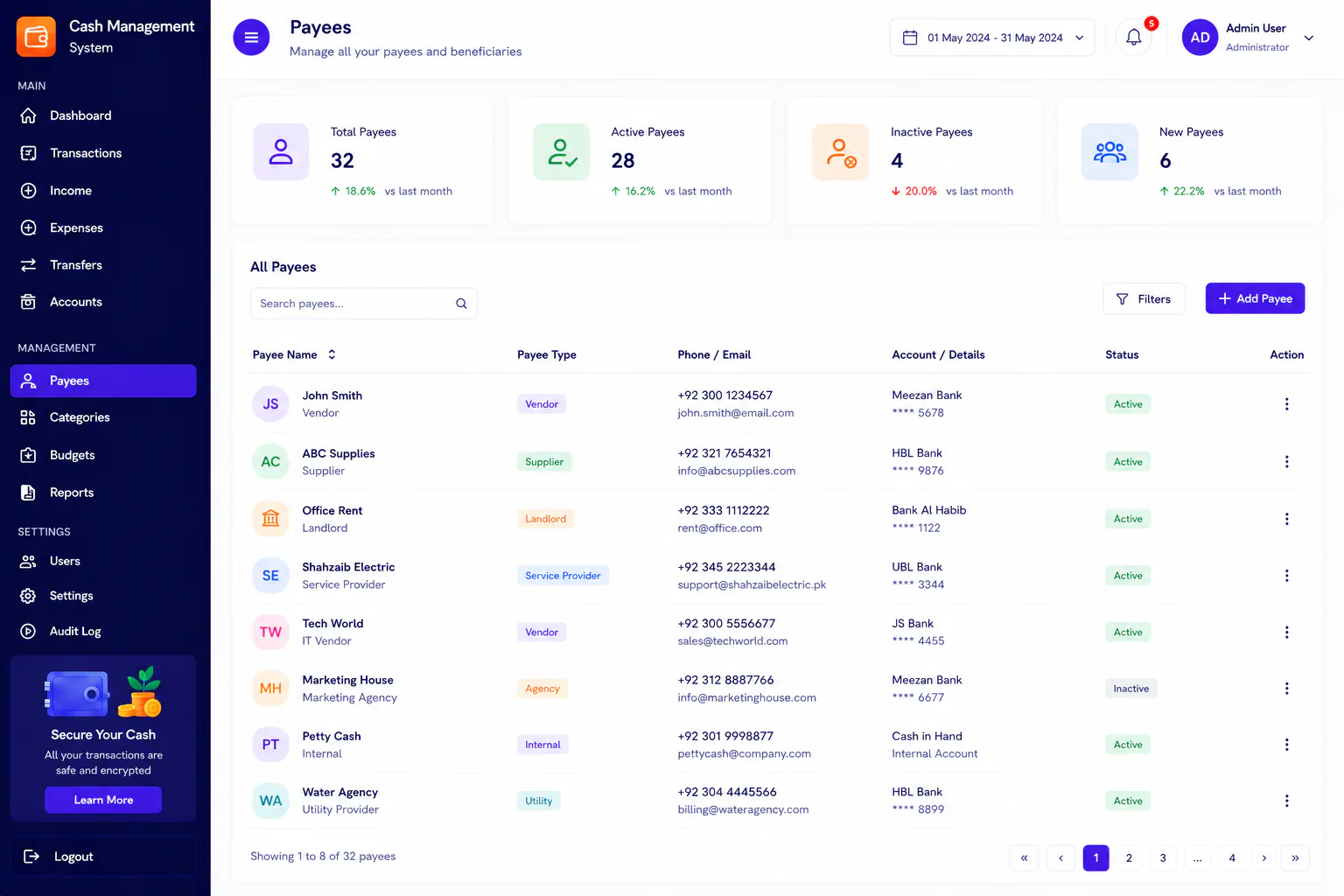 Cash management system payees