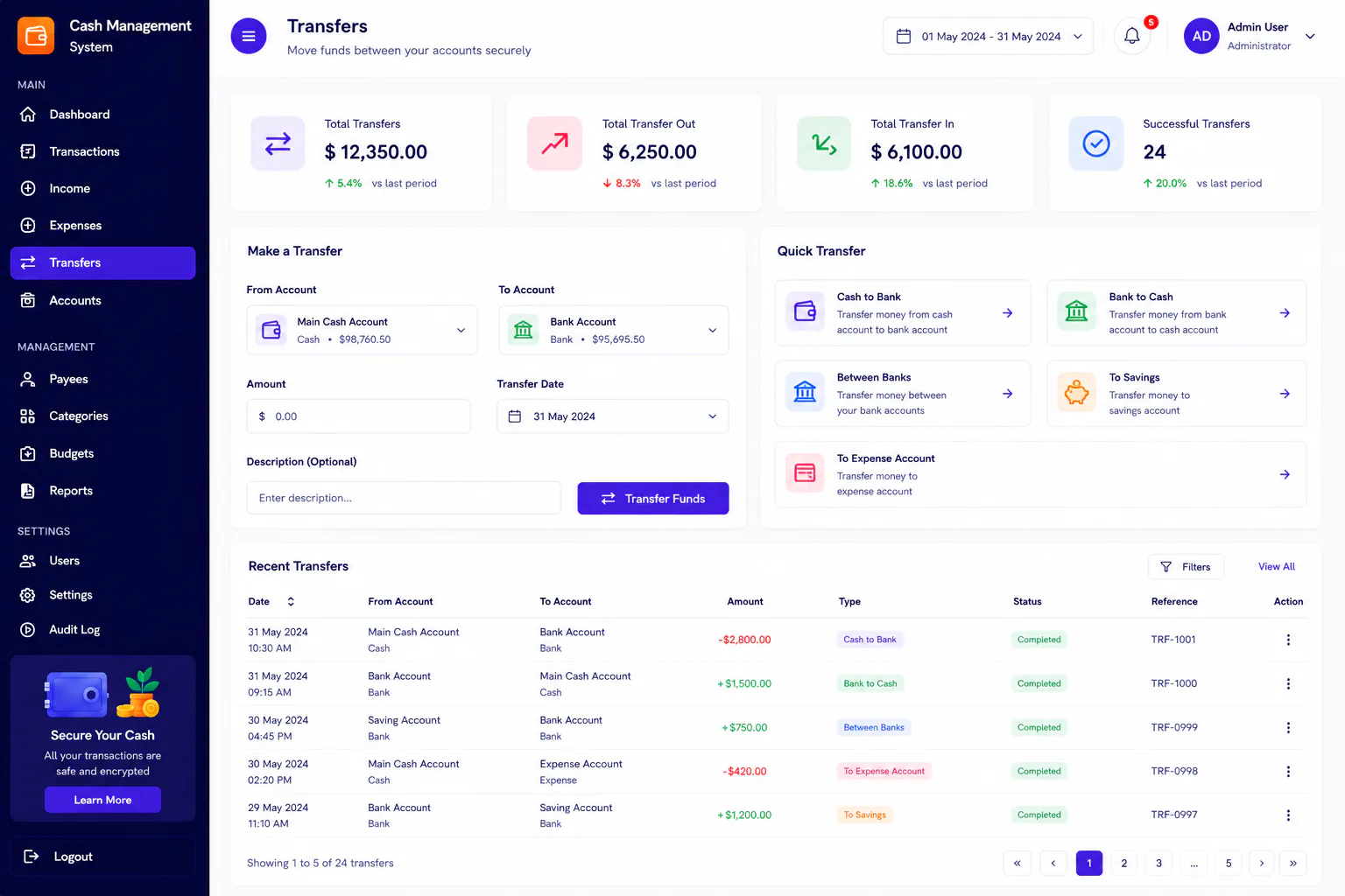 Cash management system transfers