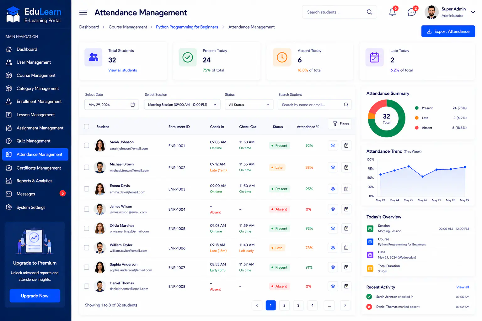 E-Learning Portal attendance management