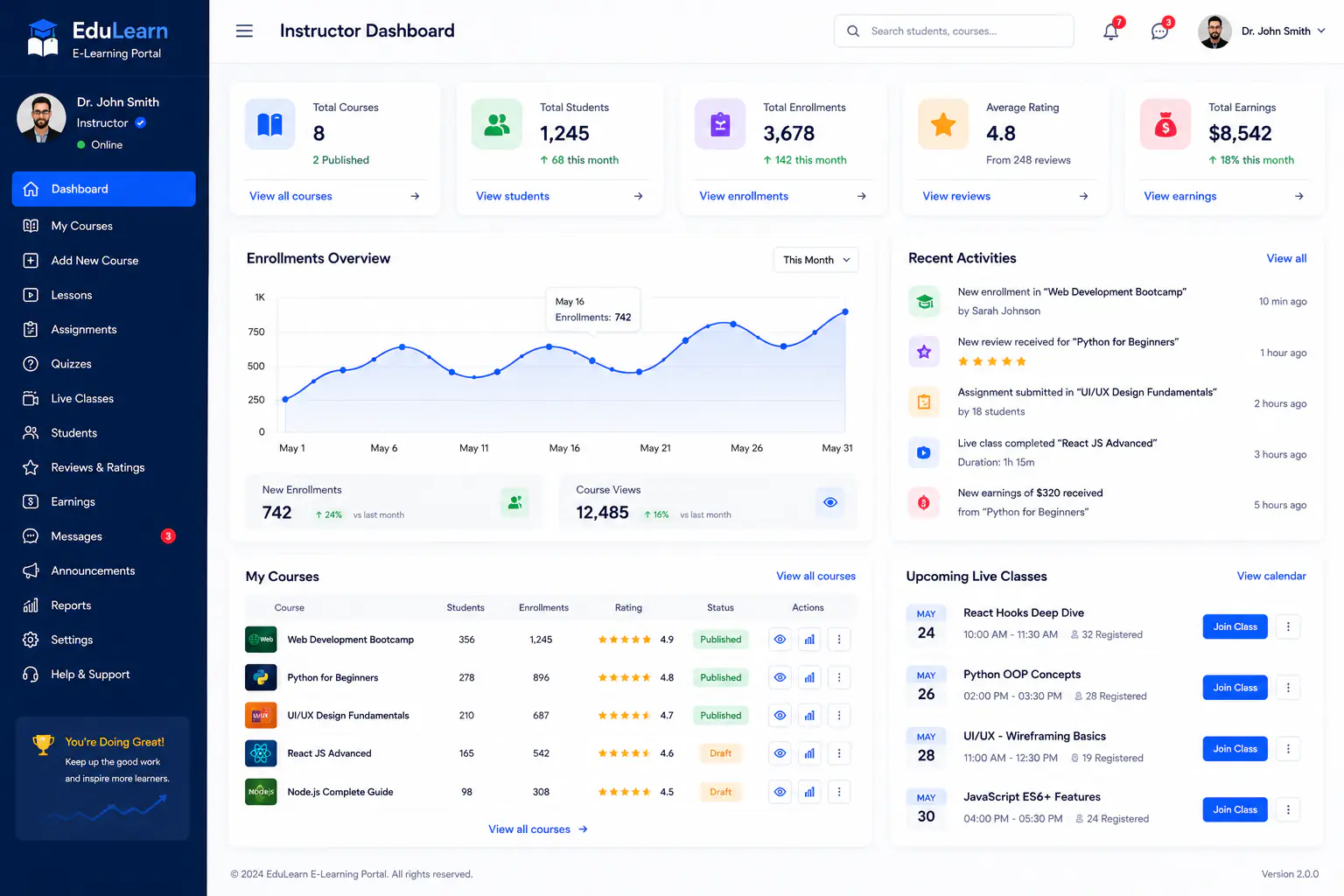 E-Learning Portal instructor dashboard