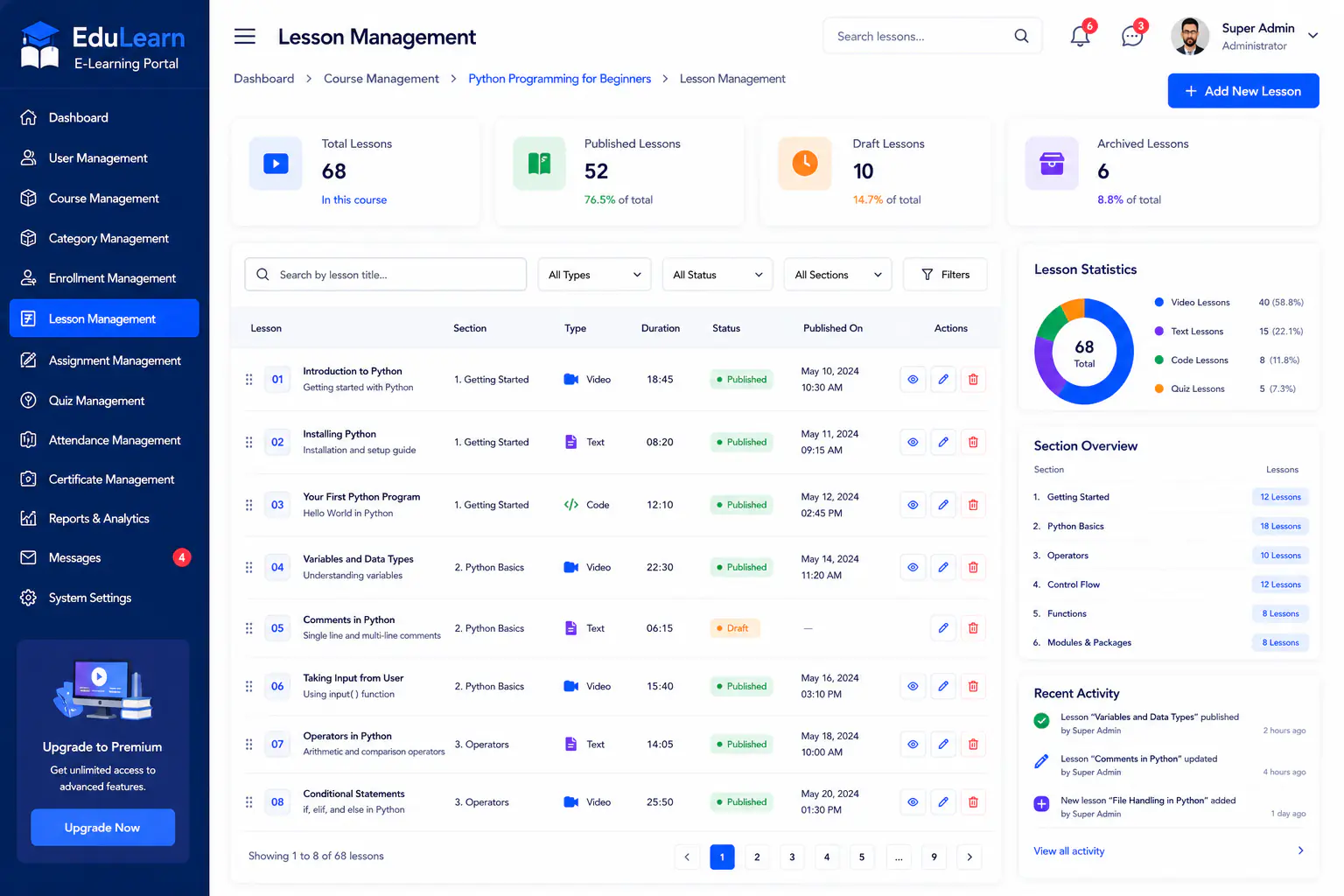 E-Learning Portal lesson management
