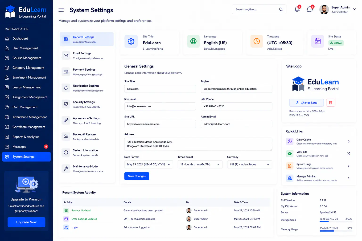 E-Learning Portal system settings