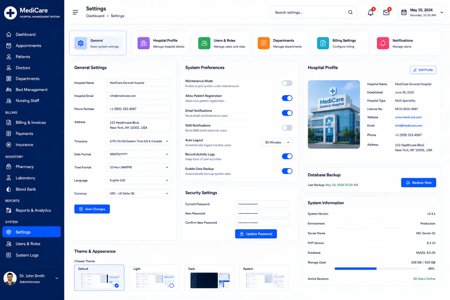 Hospital management system settings
