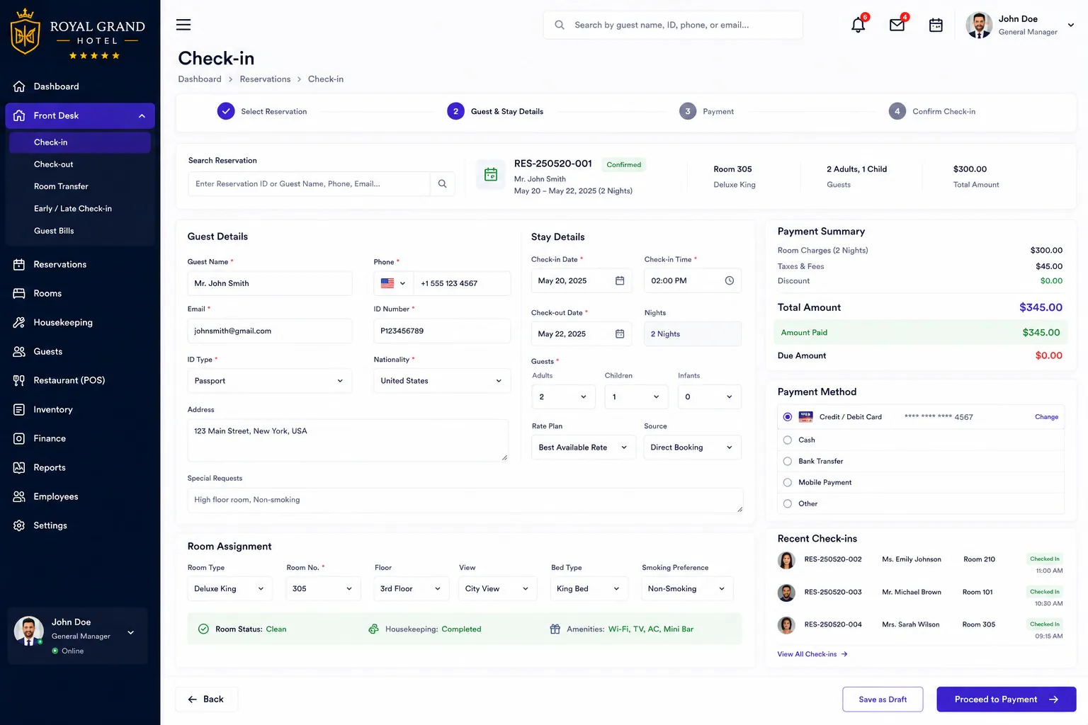 Hotel management system check-in
