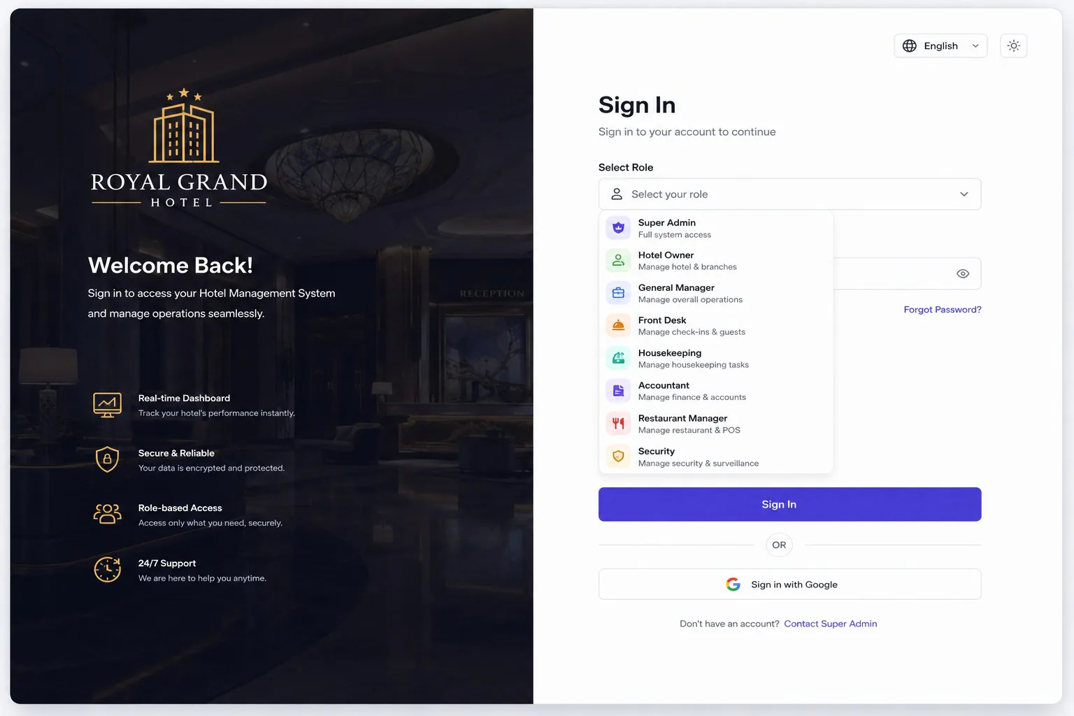 Hotel management system sign-in