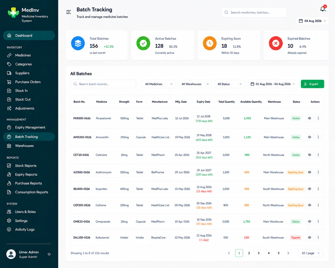Medicine inventory system batch tracking