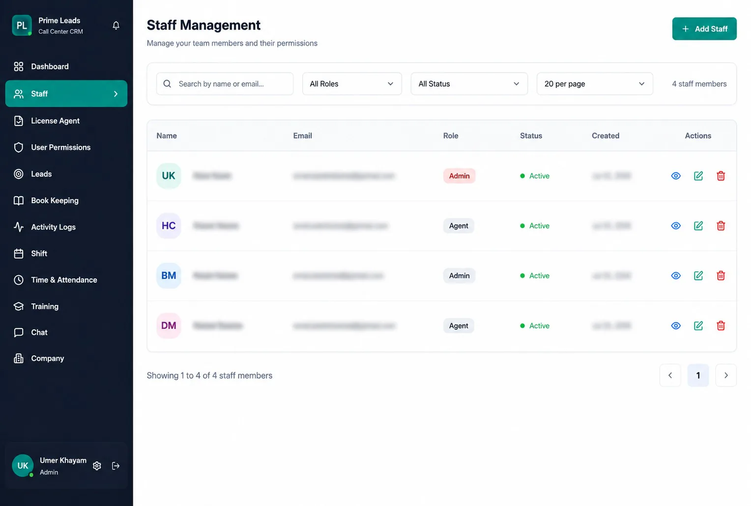 Prime Lead CRM staff management