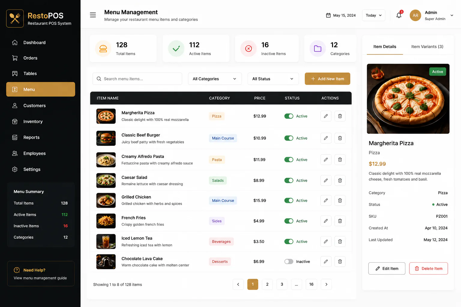 Restaurant POS menu management