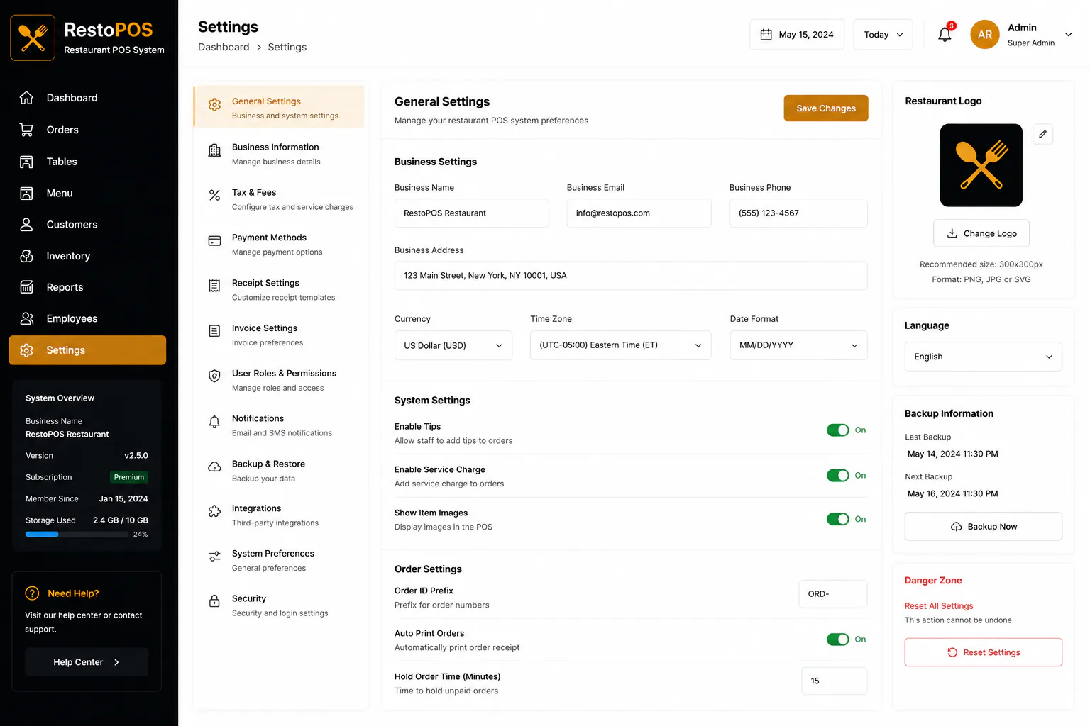 Restaurant POS system settings