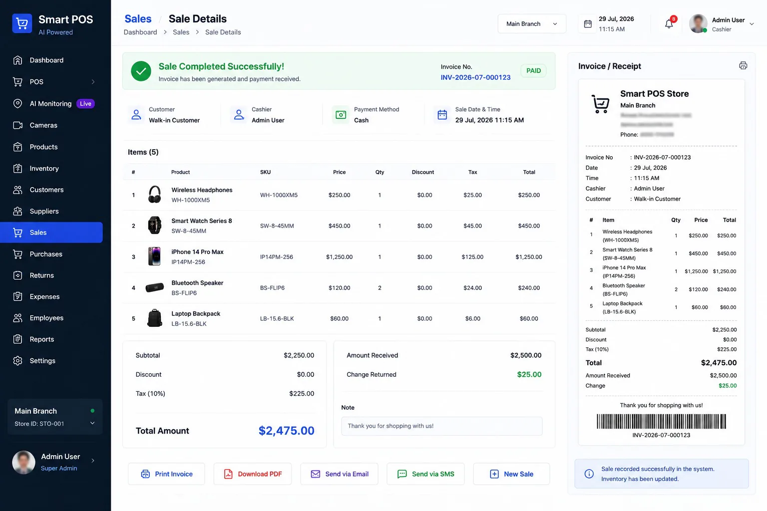 Royal POS sale details