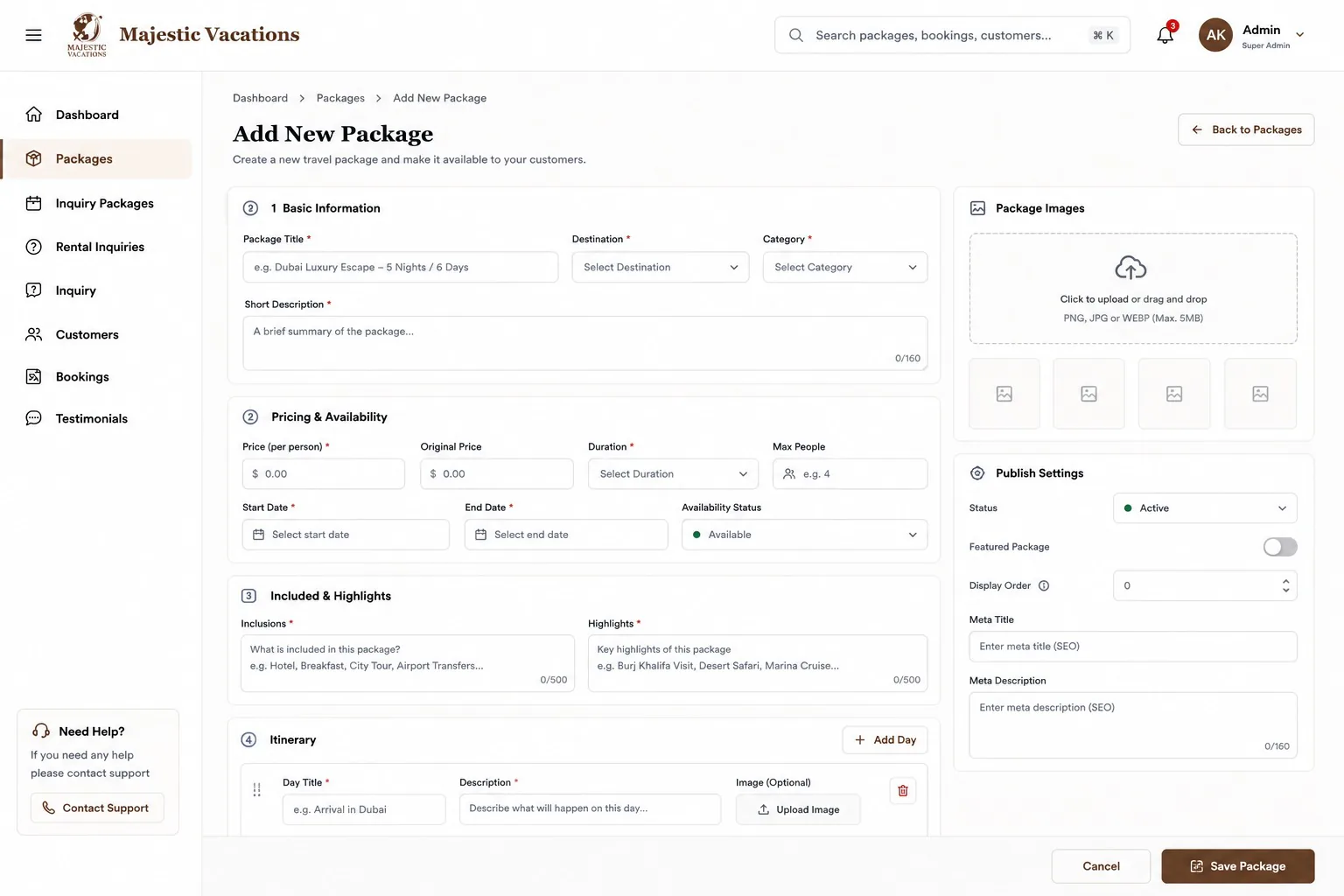 Travel and tour website add package form