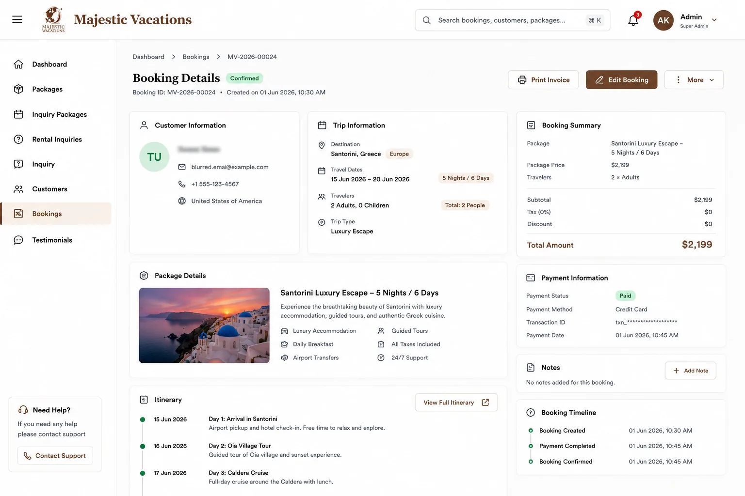 Travel and tour website booking details