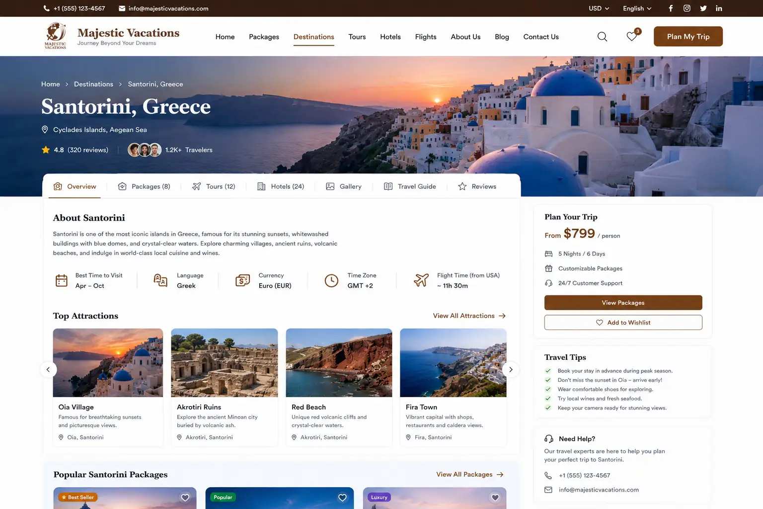 Travel and tour website destination page