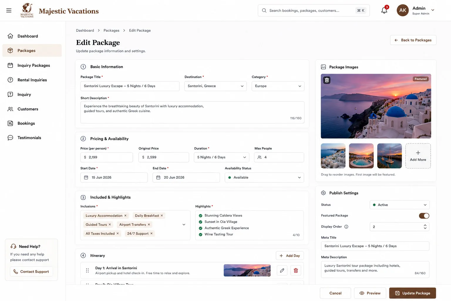 Travel and tour website edit package form