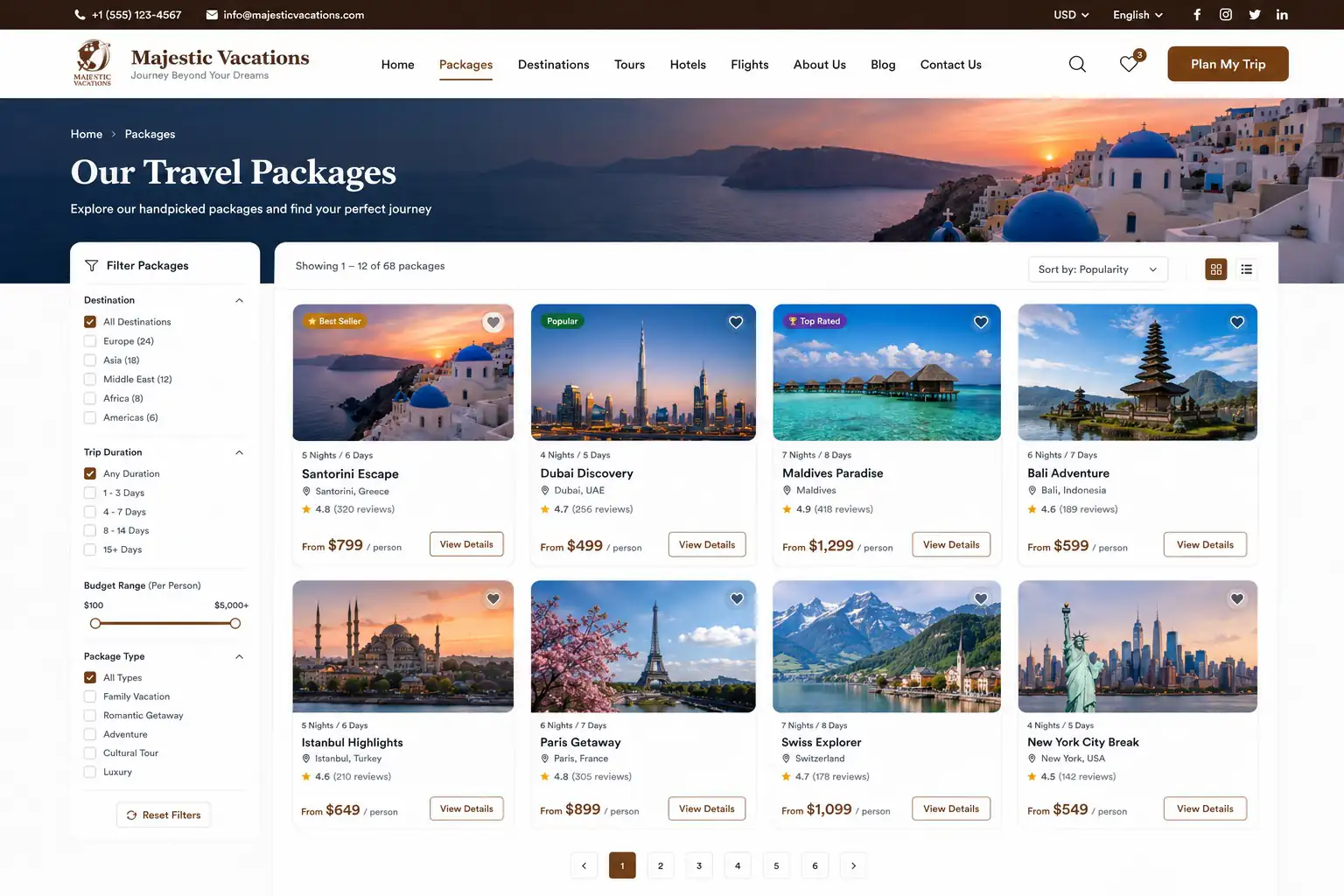 Travel and tour website packages listing
