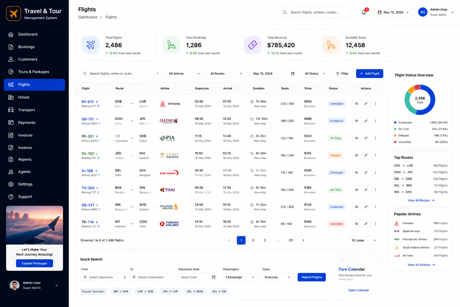 Travel and tours management flights